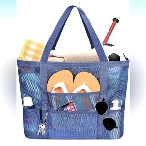 Large Mesh Beach Tote Bag Blue 8 Pockets